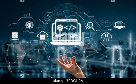 Modern web development concept featuring coding symbols, web development process, web development interface, and web development tools with futuristic Stock Photo