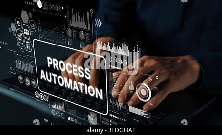 Hands Typing on Laptop with Graphics Displaying Process Automation Concept and Digital Data Visuals for Business Technology. Asymptotic smart data Stock Photo