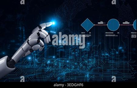 Futuristic robot hand touching glowing screen with data processing interface and digital circuits in a high-tech environment Quark. Stock Photo