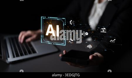 Concept of an enterprise Artificial Intelligence platform. The system integrates with various business processes like data analysis, cloud computing Stock Photo