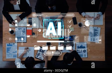 Business Meeting with AI Technology Concept, Team Collaboration Discussing Data Analysis and Research Reports with Digital Interface Overlay Quark. Stock Photo