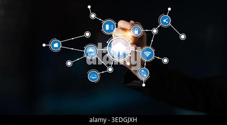 This image illustrates cloud computing technology, showcasing the connection between various digital devices and services in a modern network Stock Photo