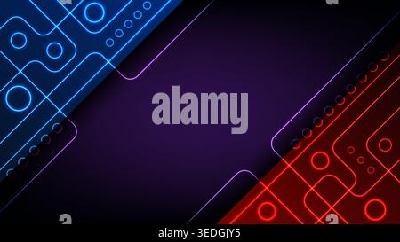 futuristic digital background glowing neon blue and red geometric lines over a dark purple gradient, high tech circuit board aesthetic for modern tech Stock Vector
