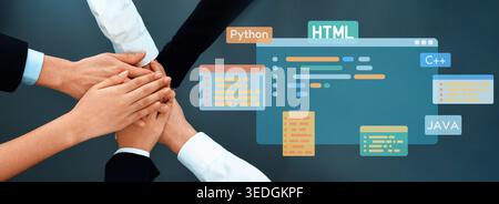 A close-up view of diverse hands coming together, symbolizing teamwork in a digital programming environment with various coding languages showcased on Stock Photo