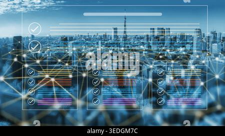 A stunning view of a modern city skyline enhanced with digital overlays and checklists, illustrating themes of technology, connectivity, and urban Stock Photo