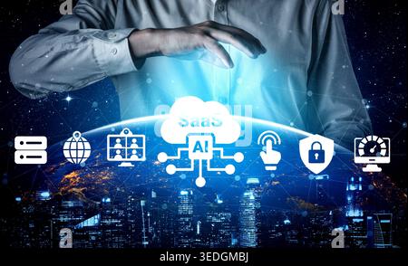 An abstract illustration showing a businessman interacting with technology icons, symbolizing cloud, SaaS, and AI concepts in a futuristic urban Stock Photo