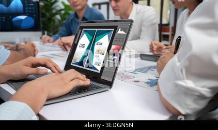 Graphic designer software for modern design of web page and commercial brisk ads showing on the computer screen Stock Photo