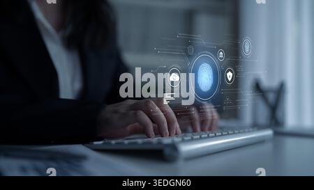 Biometric identity system using fingerprint and facial recognition to secure cloud access, protect sensitive data, and authenticate users in digital Stock Photo