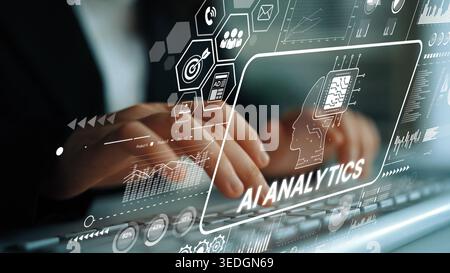Close-up of Hands on Keyboard with AI Analytics Data Visualization Concept Overlaid in Modern Office Setting. Asymptotic smart data analytic. Stock Photo