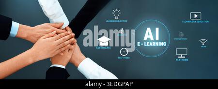 A visually engaging image depicting diverse hands united in collaboration, symbolizing the essence of e-learning and technology education in an online Stock Photo