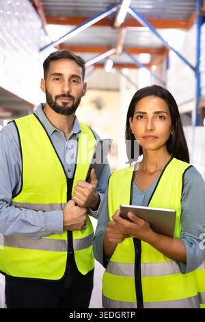 Latin warehouse workers posing in storehouse, portrait Stock Photo