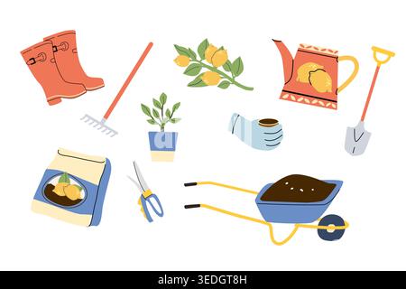 Set of gardening tools and elements in a Mediterranean garden style. Includes rubber boots, watering can, rake, and lemon plants. Ideal for gardening Stock Vector