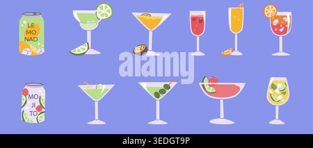 Set of cocktail drinks and beverage cans in flat cartoon style. Includes mojito, lemonade, and various cocktails - martini, spritz, margarita, mimosa, Stock Vector
