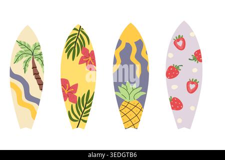 Set of surfboards featuring tropical designs in a cartoon flat style. Each board showcases vibrant motifs like palm trees, flowers, and fruits. Ideal Stock Vector