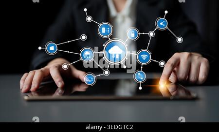 This image illustrates a modern digital network concept with cloud connections and various technology symbols, highlighting the integration of devices Stock Photo