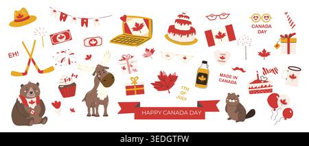 Canada Day sticker set. Cartoon flat illustrations of bear, beaver and elk animals. Canadian symbols and props for national holiday. Mapple syrop and Stock Vector