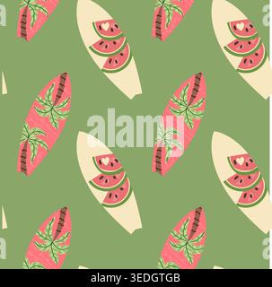 A seamless pattern of surfboards featuring watermelon and palm tree designs in a cartoon flat style. Ideal for summer-themed textiles, beach decor, an Stock Vector