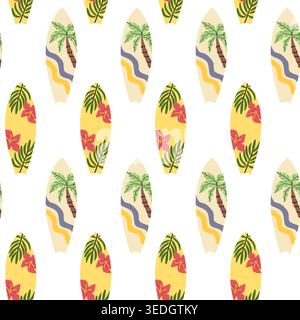 A seamless pattern of surfboards illustrated in a cartoon flat style. Each surfboard features tropical elements like palm trees and flowers. Ideal for Stock Vector