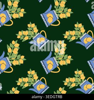 A seamless pattern of watering cans filled with lemons and leaves in a cartoon flat style. Ideal for textile design, home decor, and garden-themed pro Stock Vector