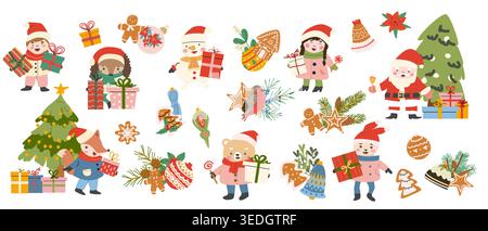 Cute christmas characters childen, animals, santa. Festive elements for christmas stickers. Flat vector illustration with chrismas tree, present boxes Stock Vector