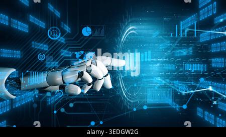This captivating image features a robotic hand reaching out towards a complex data visualization, symbolizing advancements in artificial intelligence Stock Photo