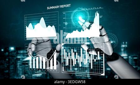 A futuristic robot hand engages with various charts and data visualizations, showcasing a high-tech approach to analytics and report generation in Stock Photo