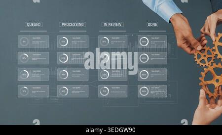 Professionals collaborate over a digital dashboard displaying workflow status indicators, highlighting task completion and review stages in a modern Stock Photo