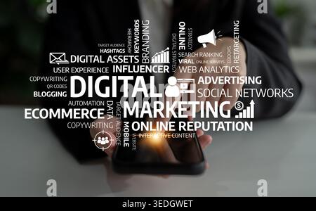 This image illustrates various concepts related to digital marketing, emphasizing branding, e-commerce, and social media for business growth and user Stock Photo