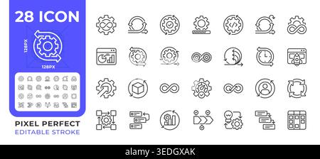 Continuous process pixel perfect line icons set Stock Vector