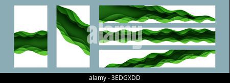 Green and white wave layers paper cut top border set with 3D slime abstract bg. Layout design collection for business eco brochure environment flyer. Stock Vector