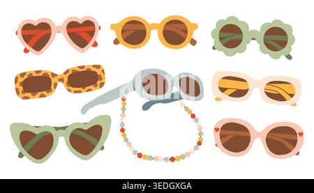 Set of hand drawn sunglasses and retro eyewear. Minimalist flat vector illustration of trendy sun glasses with heart shapes, flower frames, and beaded Stock Vector