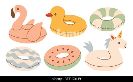 Collection of hand drawn inflatable pool floats and swimming rings. Minimalist flat vector illustration of flamingo, duck, unicorn, and fruit swim Stock Vector