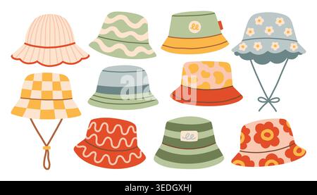Collection of hand drawn cotton bucket hats and sun hats. Minimalist flat vector illustration of trendy summer headwear with floral, checkered, and Stock Vector