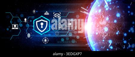 Abstract Digital Background Featuring Network Security Symbols, Global Connectivity, and Futuristic Technology Concepts in a Vibrant Cosmic Stock Photo