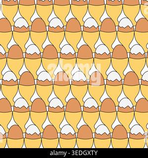 Boiled egg cup Colored seamless pattern hand drawn illustration. Vector graphic line art. Silhouette sign for logo, print, comics, fashion, pop art, b Stock Vector