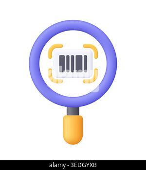 Purple magnifying glass with barcode icon. Product search, scanning, identification, retail, inventory, price check, tracking and digital commerce con Stock Vector