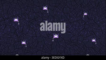 Pick up taxi. Gps map navigation to own house. Detailed view of city. Passenger location sharing for driver. City top view. Online navigation. Flat Stock Vector