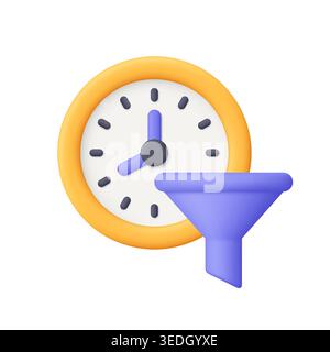 Yellow clock with purple funnel. Time management, workflow filtering, productivity optimization, scheduling, task prioritization and process efficienc Stock Vector