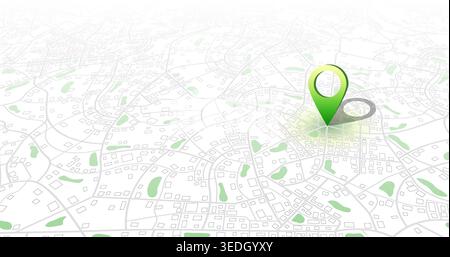 Perspective city map with green location pin. 3D urban town plan with navigation marker. Vector illustration. Stock Vector