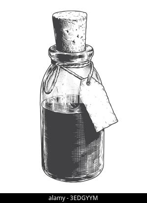 A beautifully detailed engraving of an old glass bottle with a cork stopper and a blank hanging tag. Ideal for rustic cosmetics packaging, vintage apo Stock Vector