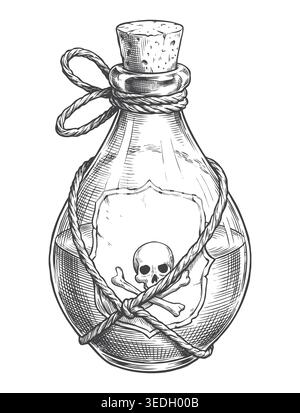 A striking vintage line art illustration of a tied glass bottle featuring a classic skull and crossbones poison label. Ideal for Halloween merchandise Stock Vector