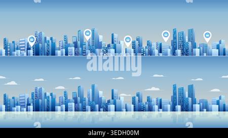 Pick up taxi, location mark. Urban silhouette landscape. Abstract horizontal background cityscape. Panorama in frat style. City buildings of business Stock Vector