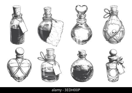 A detailed hand-drawn collection of vintage glass potion bottles and apothecary flasks in a classic engraving style. Perfect for Halloween merchandise Stock Vector