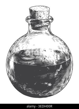 A meticulous vintage line art sketch of a simple round glass potion flask filled with liquid. An excellent graphic asset for apothecary decor, alchemy Stock Vector