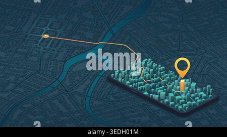 Giant mobile phone with city map on the screen. Isometric generic city map with signs. Abstract navigation plan of urban area. City streets Stock Vector