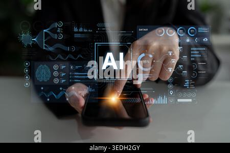 A futuristic AI dashboard for business intelligence. This platform showcases advanced data analytics, processing complex information into visual Stock Photo