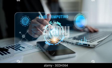 Edge computing technology for decentralized data processing and analysis. This solution improves speed and reliability by processing data locally Stock Photo