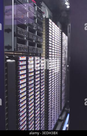 Server room, infrastructure and cybersecurity system with hardware for digital storage facility. Electronics, AI network and machine learning for Stock Photo