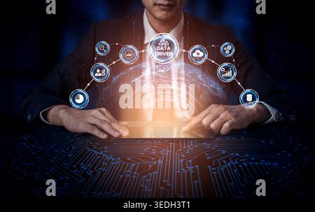 Data-driven decision-making empowers business through analytics, datum collection, and AI systems. Data driven tools support cloud data processing and Stock Photo