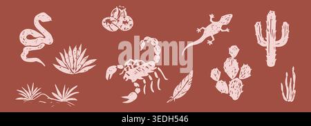 Desert icons vintage woodcut or linocut, grunge texture snake, skull silhouette, wild West. Boho engraving print set, canyon wildlife. Horseshoe, cactus, desert plants and animals. Vector illustration Stock Vector